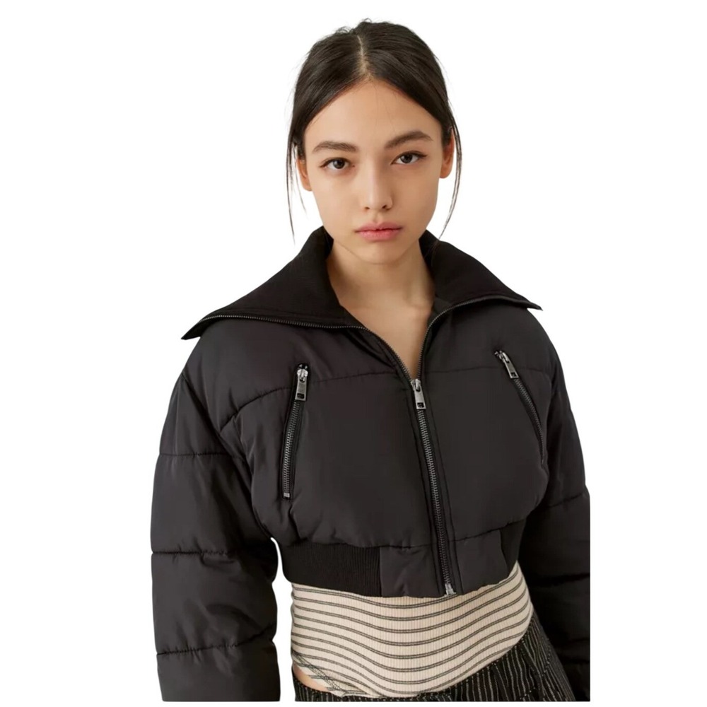 Urban Outfitters Lily Cropped Puffer Jacket Size L Black Ribbed Trim Zip Up